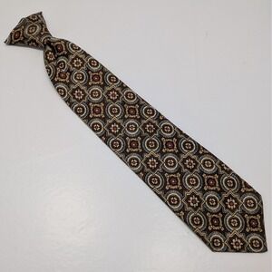 Vintage Boys Clip On Tie Medallion Geometric Pattern Brown Tan Formal Occasion